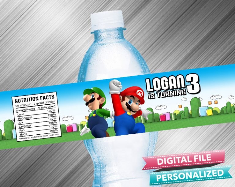 Super Mario Birthday Water Bottle Label