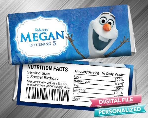 Frozen Olaf Candy Bar Hershey Wrapper Birthday